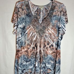 Beaded Lace Collared Pleated Short Sleeved Blouse